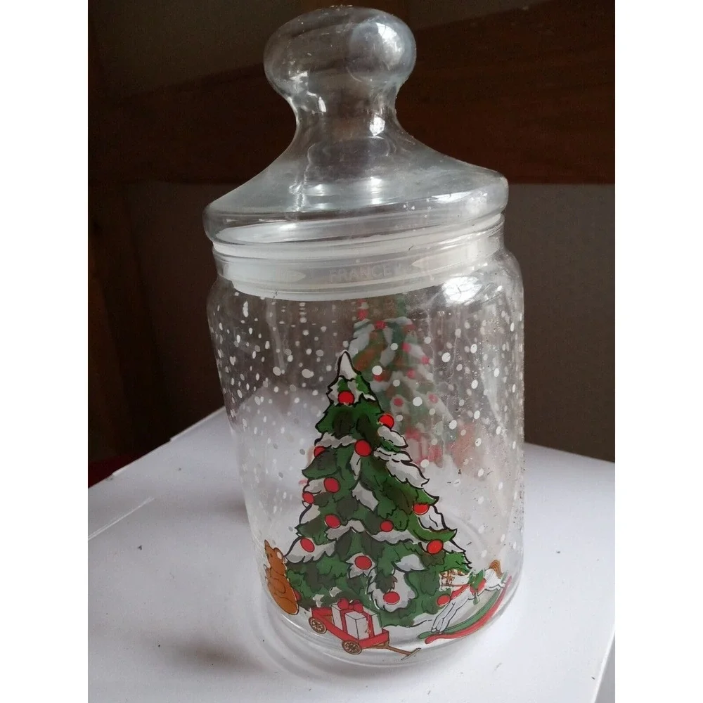Vintage Christmas Tree & Toys Clear Glass Candy Treat Jar With Lid EUC